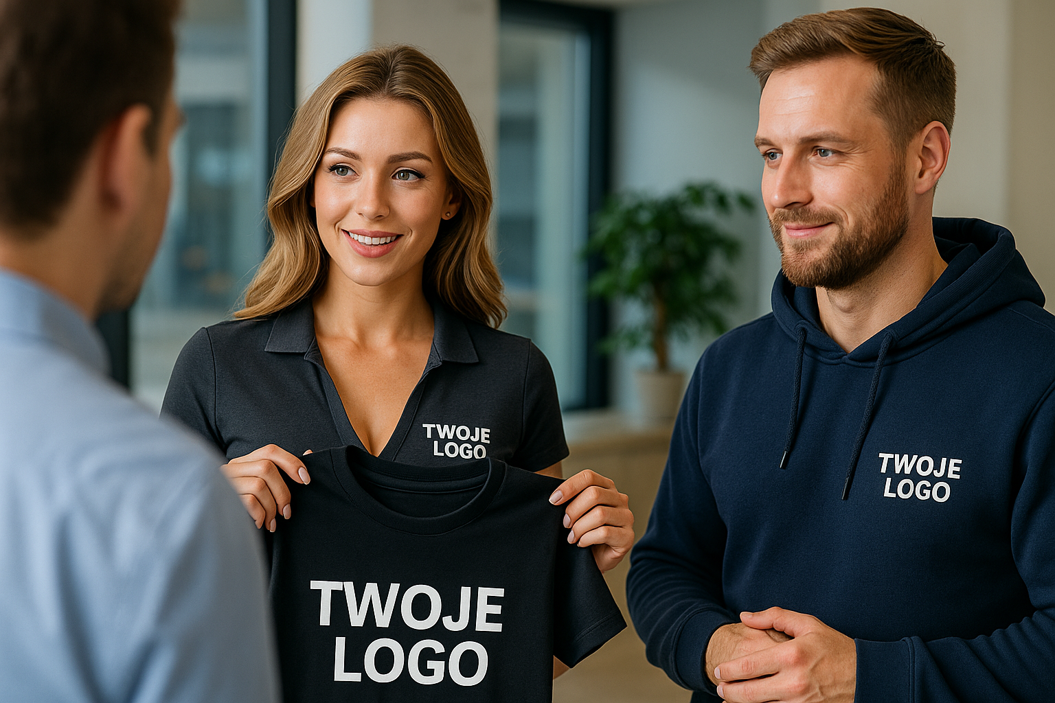 Pracownicy prezentują odzież firmowa z logo – nadruk DTF i haft komputerowy Pro-Image